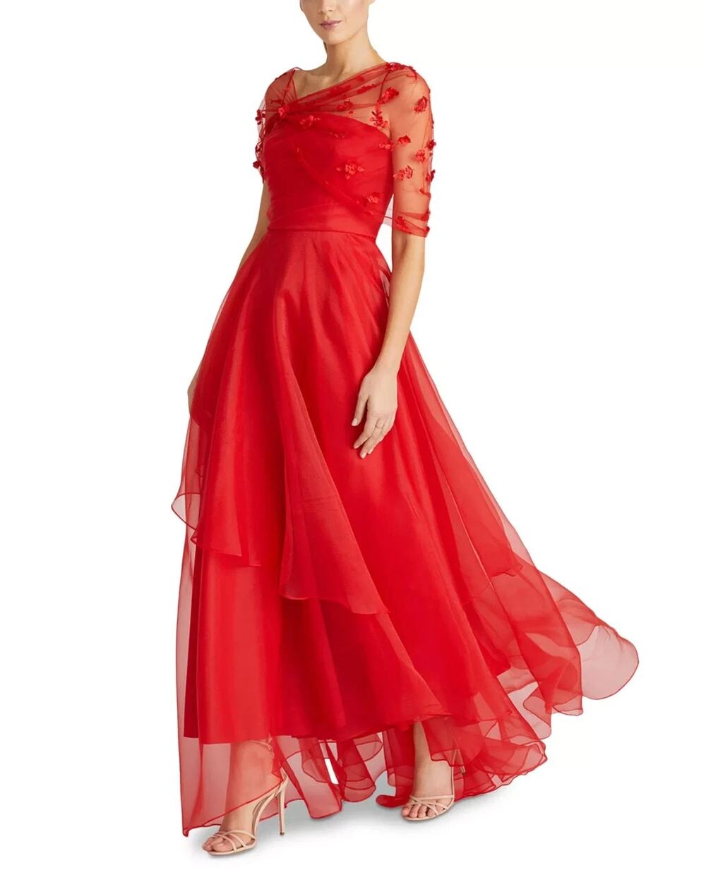 THEIA Atlas Shawl Draped 3D floral appliqués Gown Size 2 MSRP $895 NWT
